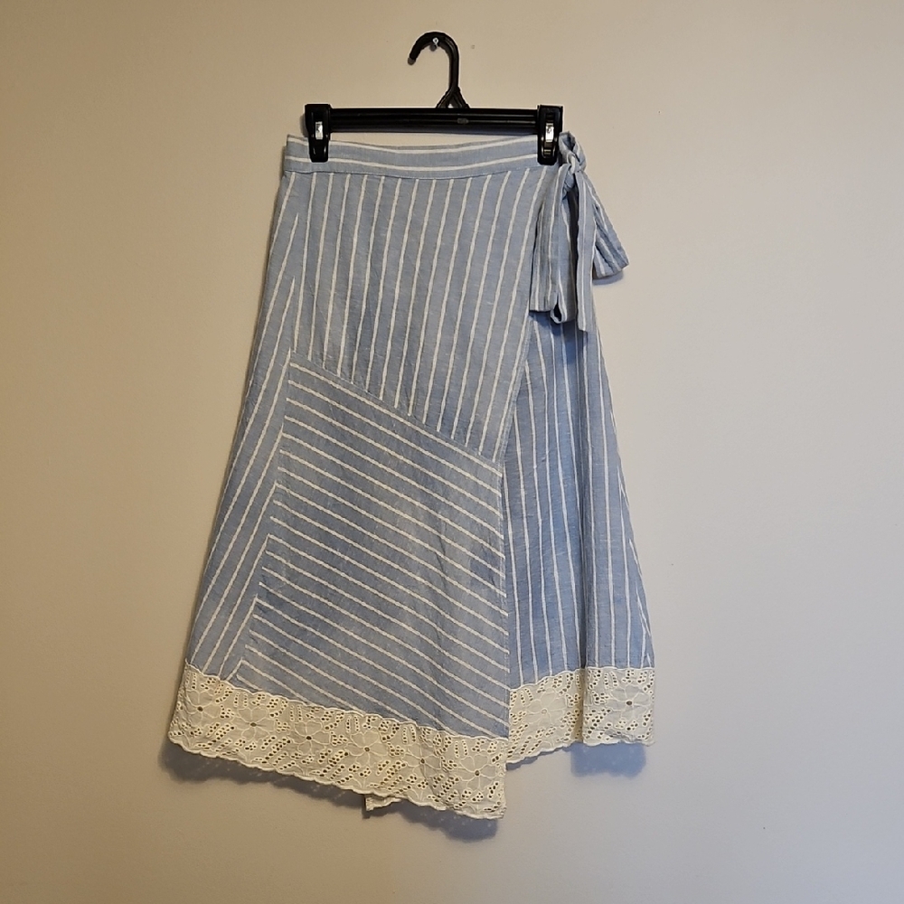 Zara Light Blue Striped Midi Skirt with Lace
